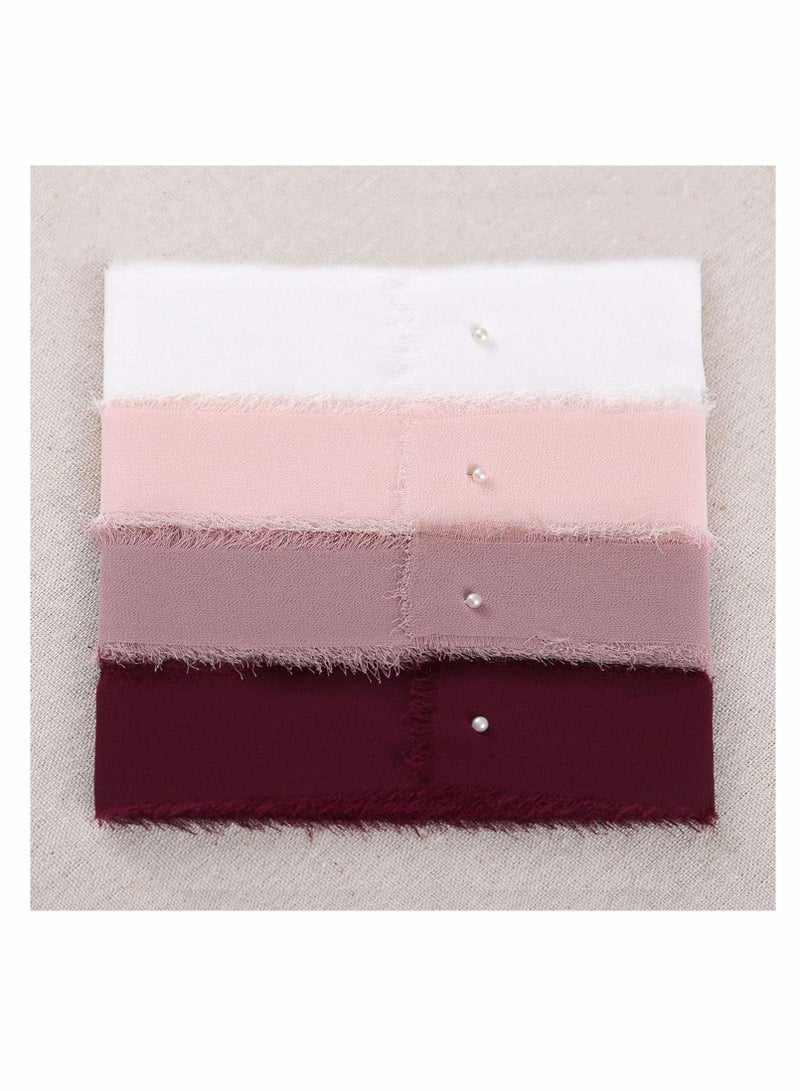 KASTWAVE Handmade Fringe Chiffon Silk Ribbon Ribbons Set for Wedding Invitations, Bridal Bouquets, Gifts Wrapping, DIY Crafts 4 Rolls (Burgundy/Dusty Rose/Mauve/Pink) - Image 4
