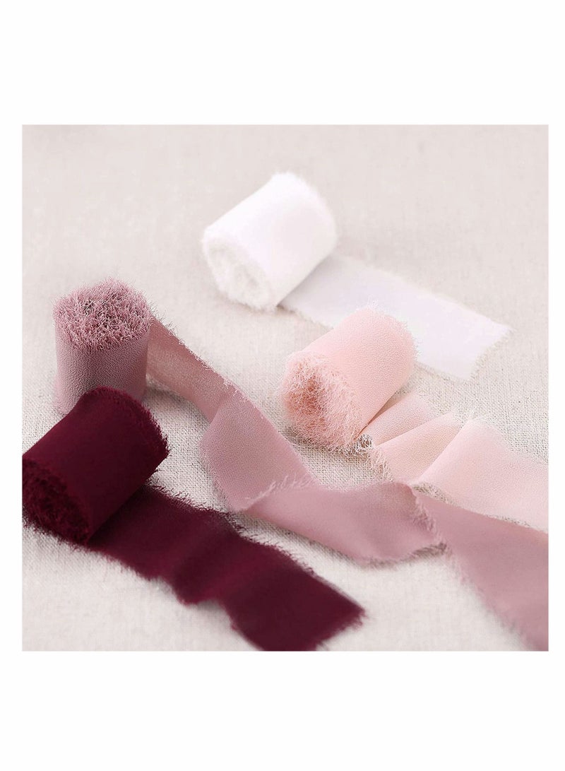KASTWAVE Handmade Fringe Chiffon Silk Ribbon Ribbons Set for Wedding Invitations, Bridal Bouquets, Gifts Wrapping, DIY Crafts 4 Rolls (Burgundy/Dusty Rose/Mauve/Pink) - Image 5