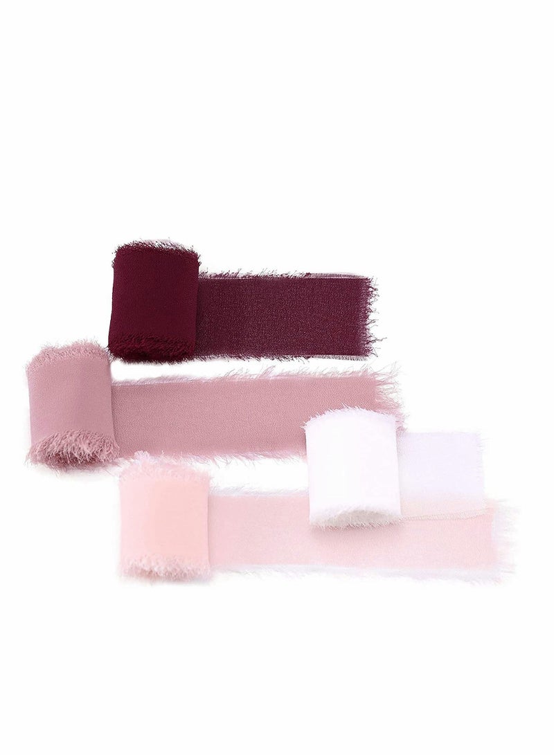 KASTWAVE Handmade Fringe Chiffon Silk Ribbon Ribbons Set for Wedding Invitations, Bridal Bouquets, Gifts Wrapping, DIY Crafts 4 Rolls (Burgundy/Dusty Rose/Mauve/Pink) - Image 1