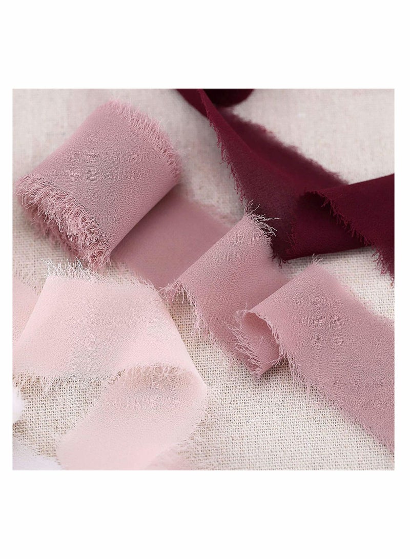 KASTWAVE Handmade Fringe Chiffon Silk Ribbon Ribbons Set for Wedding Invitations, Bridal Bouquets, Gifts Wrapping, DIY Crafts 4 Rolls (Burgundy/Dusty Rose/Mauve/Pink) - Image 2