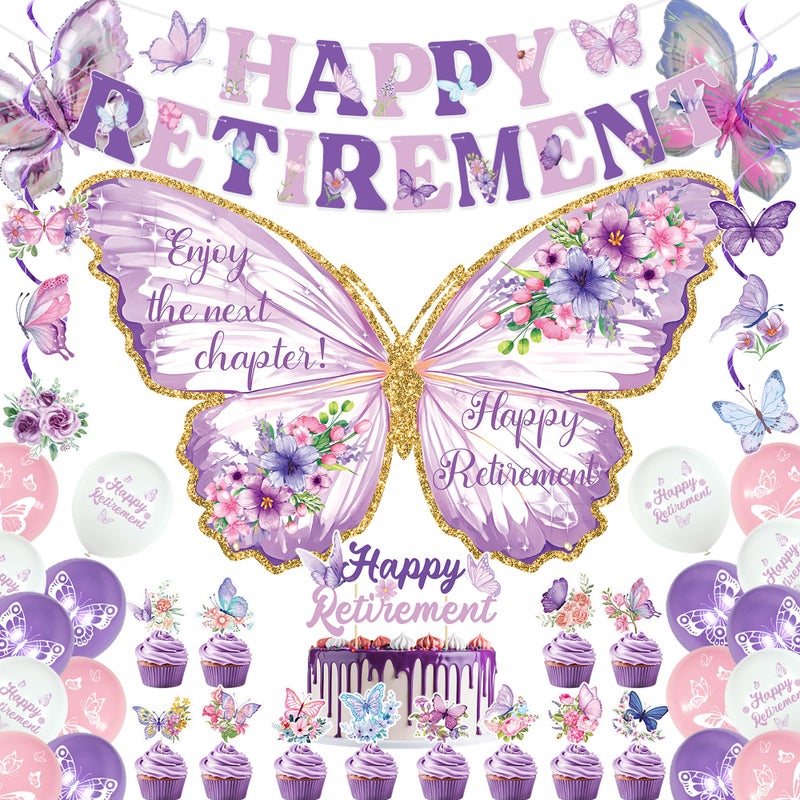 Roetyce Butterfly Retirement Decorations, Purple Happy Retirement Banner Backdrop Balloons Hanging Swirls Cake Topper Kit for Office Home, Women Butterfly Themed Party Suppiles Photo Background - Image 1