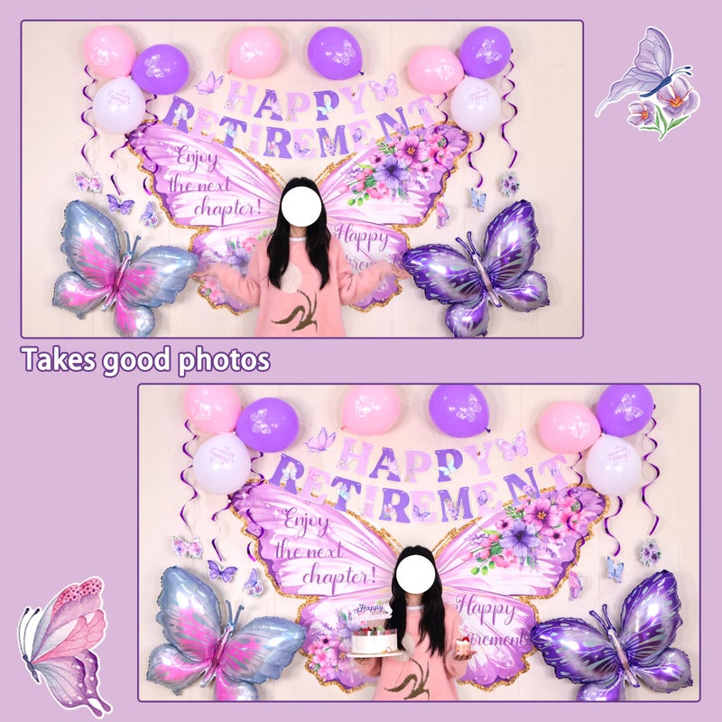 Roetyce Butterfly Retirement Decorations, Purple Happy Retirement Banner Backdrop Balloons Hanging Swirls Cake Topper Kit for Office Home, Women Butterfly Themed Party Suppiles Photo Background - Image 3