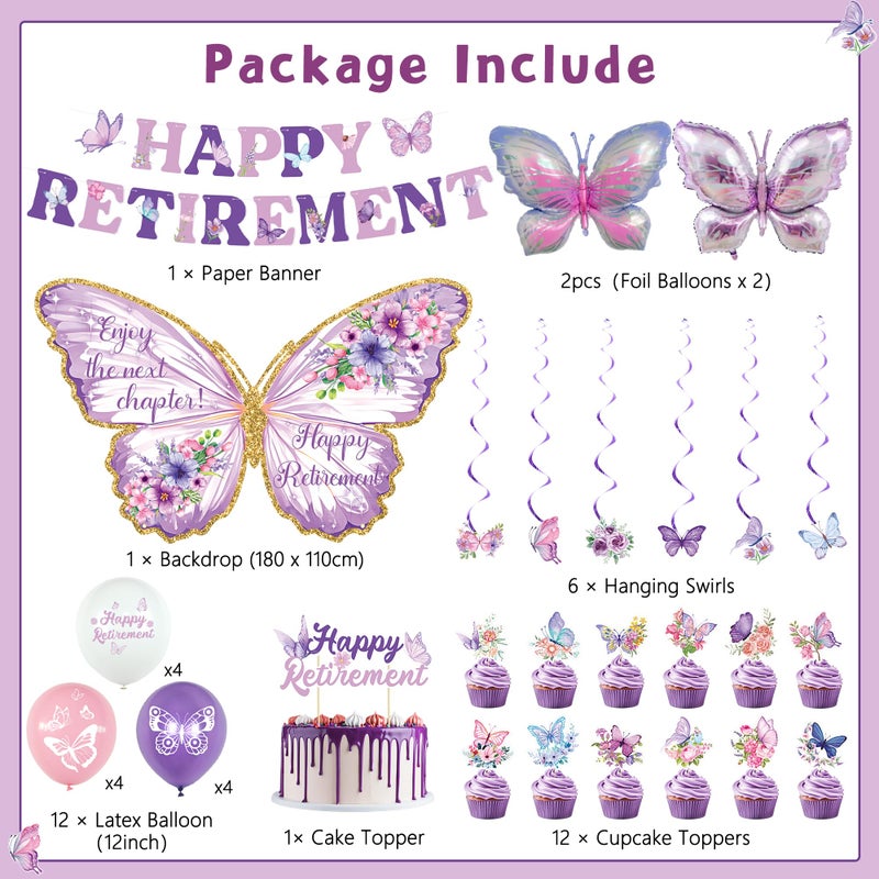 Roetyce Butterfly Retirement Decorations, Purple Happy Retirement Banner Backdrop Balloons Hanging Swirls Cake Topper Kit for Office Home, Women Butterfly Themed Party Suppiles Photo Background - Image 2