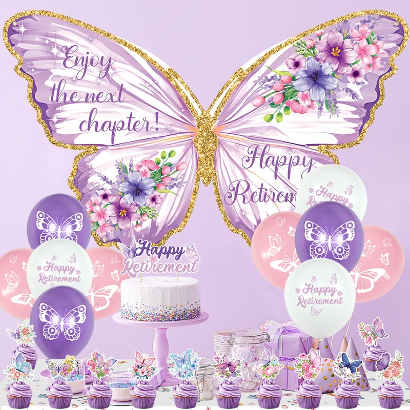 Roetyce Butterfly Retirement Decorations, Purple Happy Retirement Banner Backdrop Balloons Hanging Swirls Cake Topper Kit for Office Home, Women Butterfly Themed Party Suppiles Photo Background - Image 4