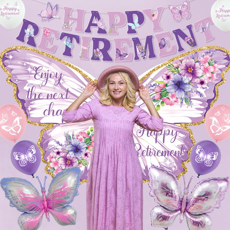 Roetyce Butterfly Retirement Decorations, Purple Happy Retirement Banner Backdrop Balloons Hanging Swirls Cake Topper Kit for Office Home, Women Butterfly Themed Party Suppiles Photo Background - Image 5
