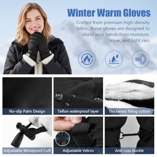 GUSTAVE® Winter Gloves for Men Bike Riding, Ski Hand Gloves for Winter for Men Women, Thermal Waterproof Anti-slip Outdoor Sport Gloves, with Touch Screen Finger, Drawstring Wrist Cuff - Black - Image 4