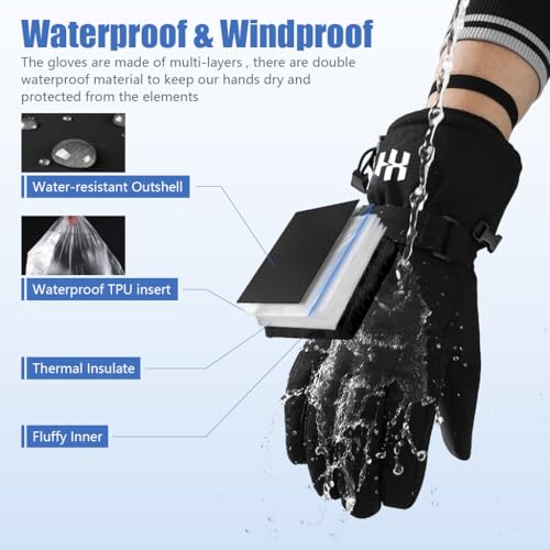 GUSTAVE® Winter Gloves for Men Bike Riding, Ski Hand Gloves for Winter for Men Women, Thermal Waterproof Anti-slip Outdoor Sport Gloves, with Touch Screen Finger, Drawstring Wrist Cuff - Black - Image 3