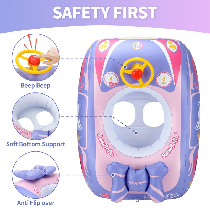 Swimbobo Toddler Pool Float Inflatable Car Baby Swim Float with Adjustable Sun Canopy and Safety Seat Pool Toys for Kids 3+ Years Old(Purple Pink Car) - Image 3