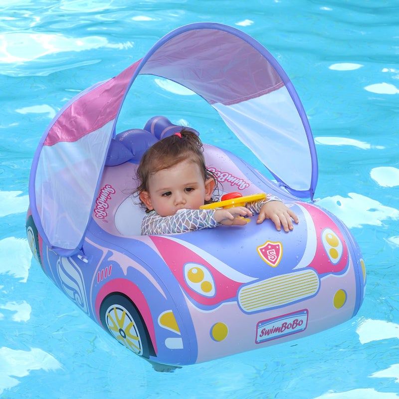 Swimbobo Toddler Pool Float Inflatable Car Baby Swim Float with Adjustable Sun Canopy and Safety Seat Pool Toys for Kids 3+ Years Old(Purple Pink Car) - Image 1