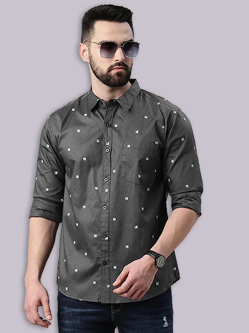 Joven Dark Grey Printed Cotton Casual Shirt for Men