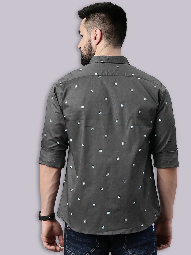 Joven Dark Grey Printed Cotton Casual Shirt for Men