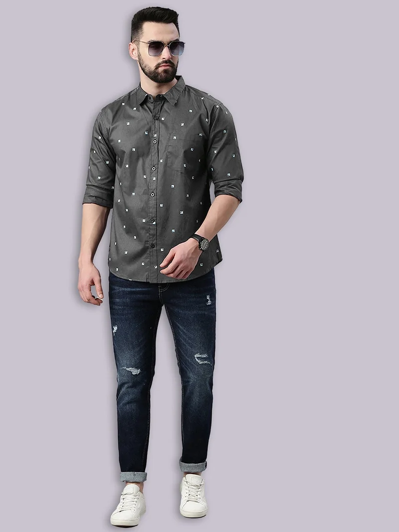 Joven  Dark Grey Printed Cotton Casual Shirt for Men for Men | Best Price UAE