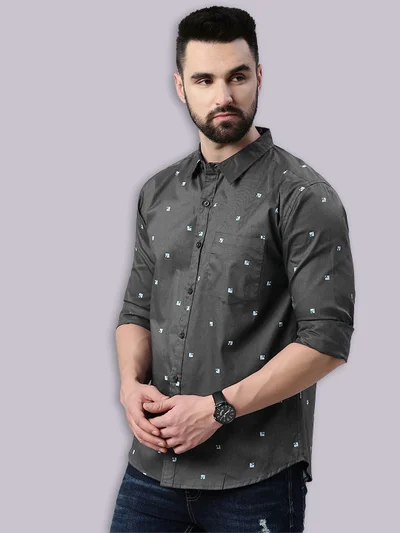 Joven Dark Grey Printed Cotton Casual Shirt for Men