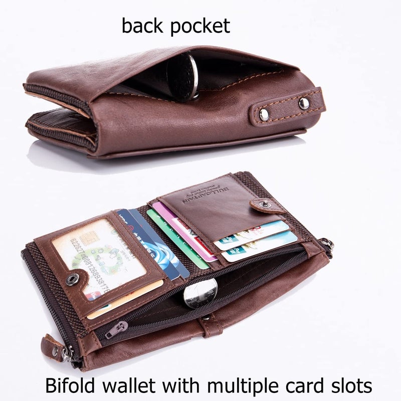 BULLCAPTAIN Genuine Leather Wallet for Men Vintage Bifold Double Zipper Coin Purse (Coffee) - Image 5