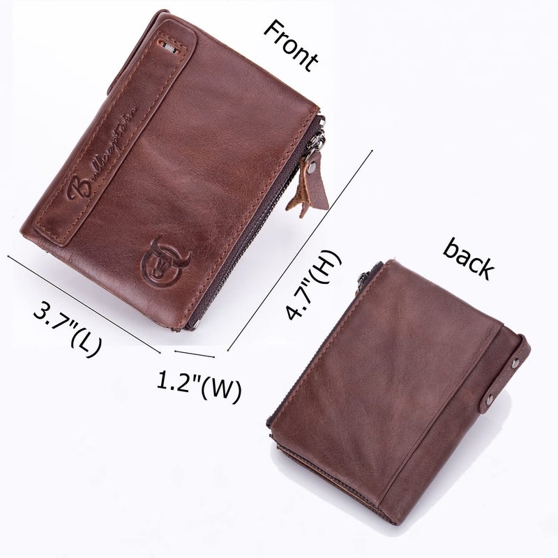 BULLCAPTAIN Genuine Leather Wallet for Men Vintage Bifold Double Zipper Coin Purse (Coffee) - Image 2