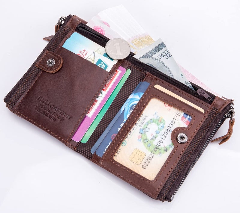 BULLCAPTAIN Genuine Leather Wallet for Men Vintage Bifold Double Zipper Coin Purse (Coffee) - Image 4