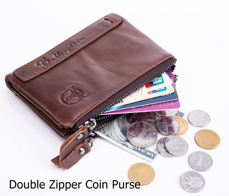 BULLCAPTAIN Genuine Leather Wallet for Men Vintage Bifold Double Zipper Coin Purse (Coffee) - Image 3