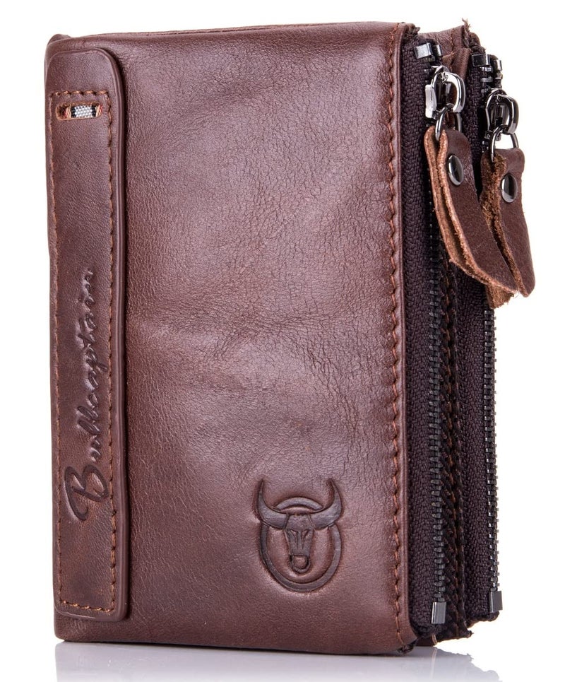 BULLCAPTAIN Genuine Leather Wallet for Men Vintage Bifold Double Zipper Coin Purse (Coffee) - Image 1