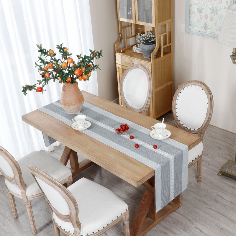 NEWISHER مفرش طاولة مخطط ومضفر للمزرعة مطرز ريفي وطاولة القهوة للزينة وحفلات الزفاف والعطلات رمادي 13 × 72 بوصة - Image 3
