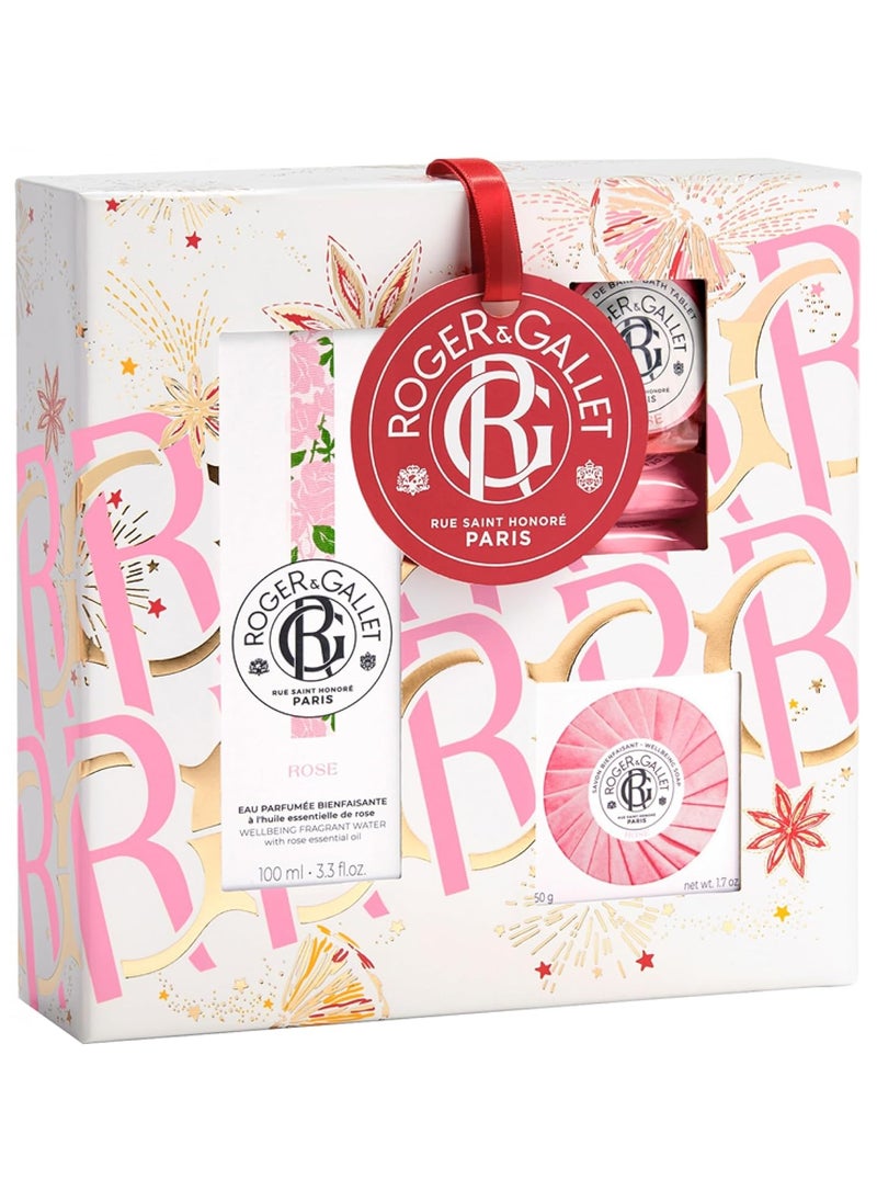 ROGER & GALLET Roger  Gallet Rose for Women  5 Pc Gift Set 33oz Wellbeing Fragrant Water 3 x 088oz Bath Tablets 17oz Wellbeing Soap 