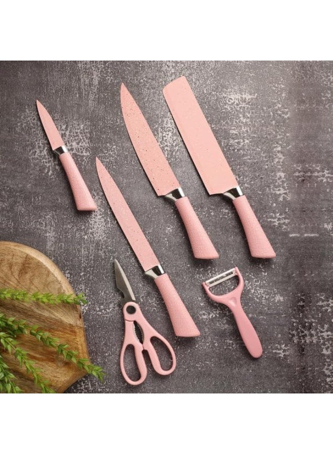 Stainless Steel Non Stick Ceramic Coating 8 Pcs Chef Kitchen Knife Set with Scissor & Peeler, Seashell Pink - Image 5