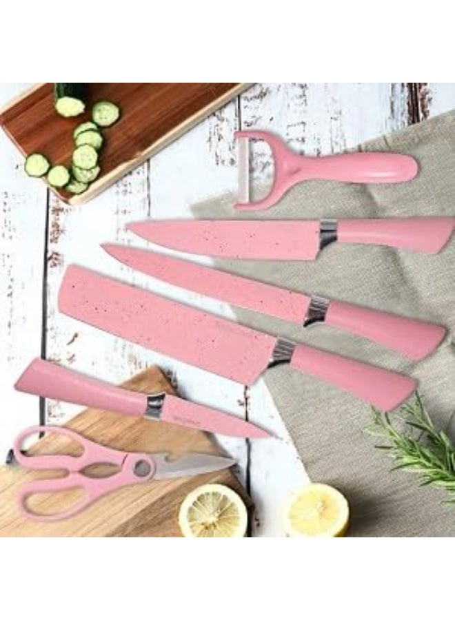 Stainless Steel Non Stick Ceramic Coating 8 Pcs Chef Kitchen Knife Set with Scissor & Peeler, Seashell Pink - Image 1