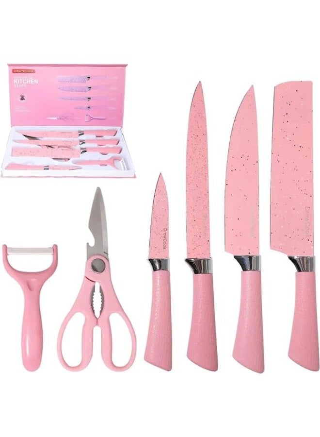 Stainless Steel Non Stick Ceramic Coating 8 Pcs Chef Kitchen Knife Set with Scissor & Peeler, Seashell Pink - Image 4