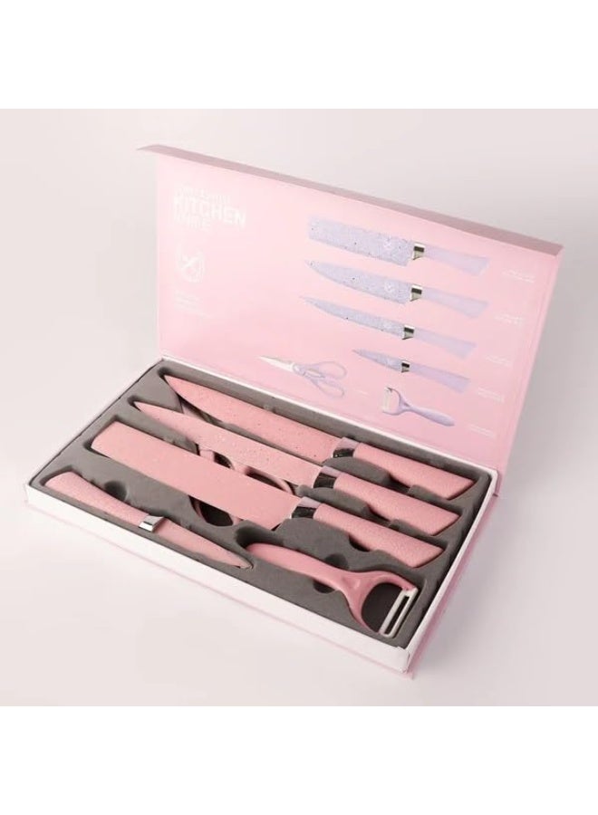 Stainless Steel Non Stick Ceramic Coating 8 Pcs Chef Kitchen Knife Set with Scissor & Peeler, Seashell Pink - Image 3