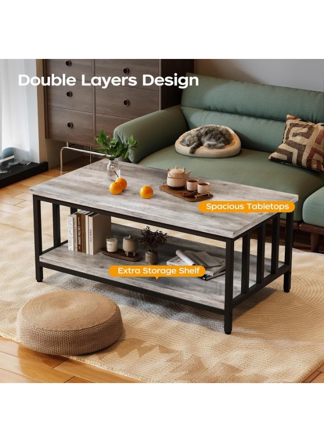 Modern Farmhouse Coffee Table with 2-Tier Storage Shelf, Rectangular Living Room Table with Metal Frame & Slatted Sides, 39 Inch Grey Wash - Image 5