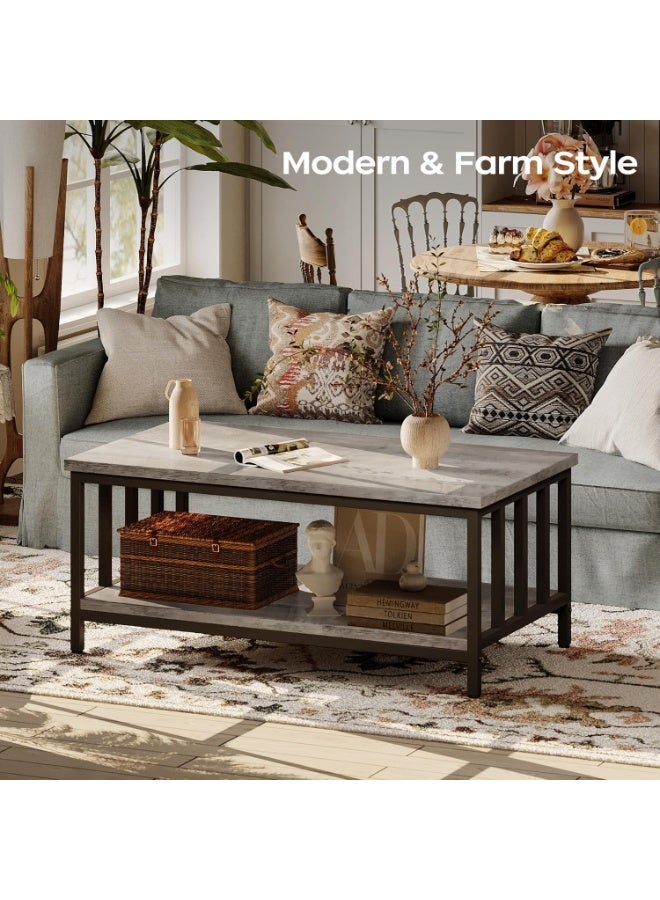 Modern Farmhouse Coffee Table with 2-Tier Storage Shelf, Rectangular Living Room Table with Metal Frame & Slatted Sides, 39 Inch Grey Wash - Image 4