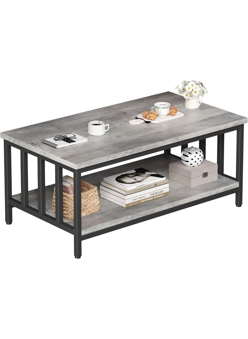 Modern Farmhouse Coffee Table with 2-Tier Storage Shelf, Rectangular Living Room Table with Metal Frame & Slatted Sides, 39 Inch Grey Wash - Image 1