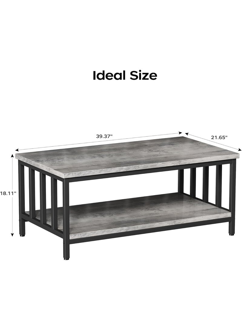 Modern Farmhouse Coffee Table with 2-Tier Storage Shelf, Rectangular Living Room Table with Metal Frame & Slatted Sides, 39 Inch Grey Wash - Image 3
