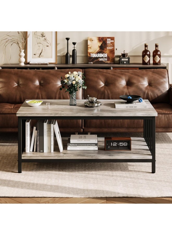 Modern Farmhouse Coffee Table with 2-Tier Storage Shelf, Rectangular Living Room Table with Metal Frame & Slatted Sides, 39 Inch Grey Wash - Image 2