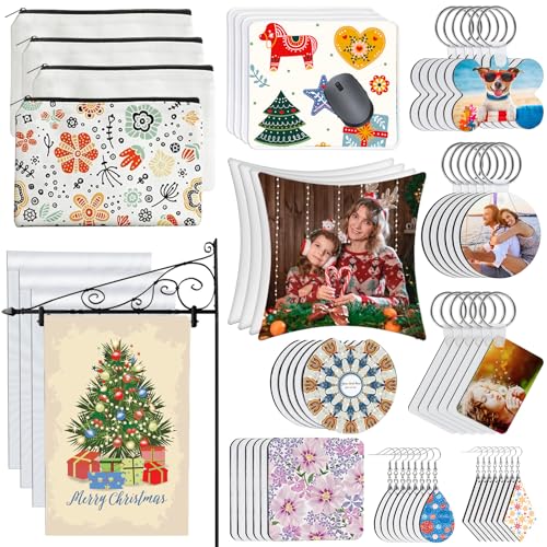 AMDAILY 114Pcs Sublimation Blanks Products, Sublimation Blanks Set Including DIY Blank Makeup Bag, Keychain, Earring, Pillow Cover, Mouse Pad, Coaster, Garden Flag for Sublimation Transfer Halloween Craft - Image 1