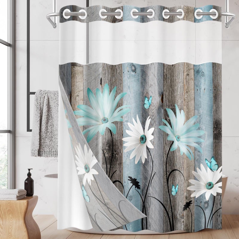 NESPHY NO HOOK Rustic Farmhouse Shower Stain with Snap in Fabric Liner مجموعة زهور Teal Daisy والفراشة على طبقات خشبية مزدوجة مقاومة للماء مع See من خلال الستار الحمام العلوي 54 × 80 بوصة - Image 1