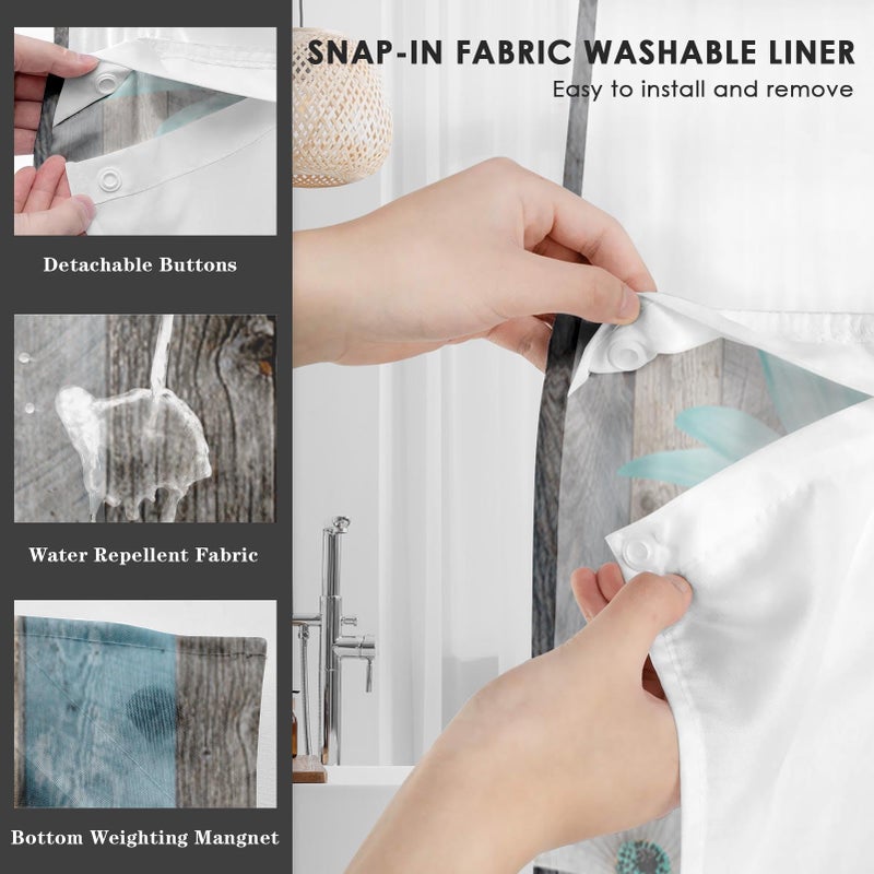 NESPHY NO HOOK Rustic Farmhouse Shower Stain with Snap in Fabric Liner مجموعة زهور Teal Daisy والفراشة على طبقات خشبية مزدوجة مقاومة للماء مع See من خلال الستار الحمام العلوي 54 × 80 بوصة - Image 4
