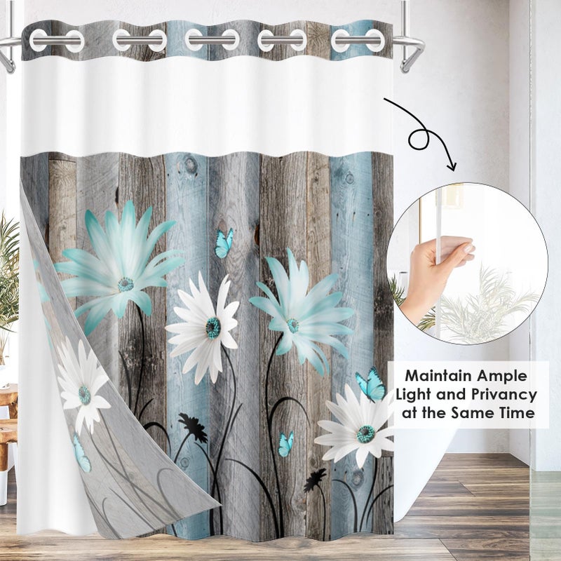 NESPHY NO HOOK Rustic Farmhouse Shower Stain with Snap in Fabric Liner مجموعة زهور Teal Daisy والفراشة على طبقات خشبية مزدوجة مقاومة للماء مع See من خلال الستار الحمام العلوي 54 × 80 بوصة - Image 3