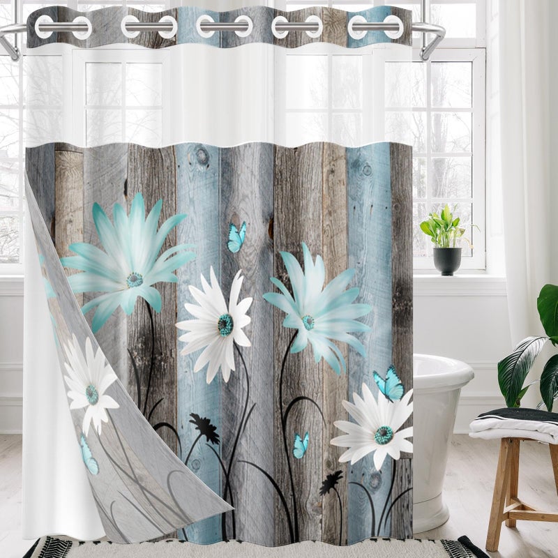 NESPHY NO HOOK Rustic Farmhouse Shower Stain with Snap in Fabric Liner مجموعة زهور Teal Daisy والفراشة على طبقات خشبية مزدوجة مقاومة للماء مع See من خلال الستار الحمام العلوي 54 × 80 بوصة - Image 5