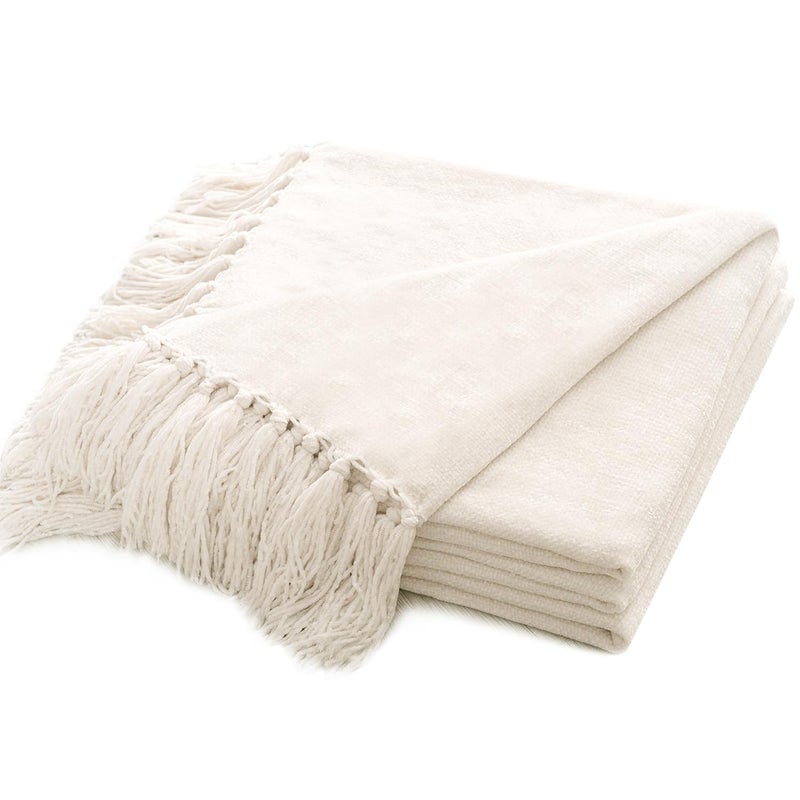 EVERGRACE Soft Chenille Throw Blanket for Couch  Cozy Plush Fuzzy Decorative Chenille Knit Throw Blanket with Tassels  Lightweight Blanket and Throws for Bed Sofa Gift Home Decor  Ivory White 50""x60"" - Image 1