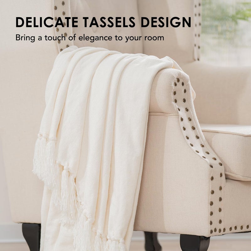 EVERGRACE Soft Chenille Throw Blanket for Couch  Cozy Plush Fuzzy Decorative Chenille Knit Throw Blanket with Tassels  Lightweight Blanket and Throws for Bed Sofa Gift Home Decor  Ivory White 50""x60"" - Image 2