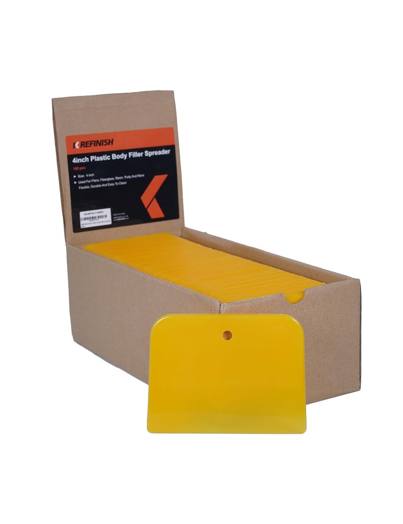 KREFINISH Body Filler Spreaders (Pack of 100) - 4" Yellow Reusable Plastic Spreader for Automotive Fillers, Putties, Glazes, Caulks and Paint - Image 1