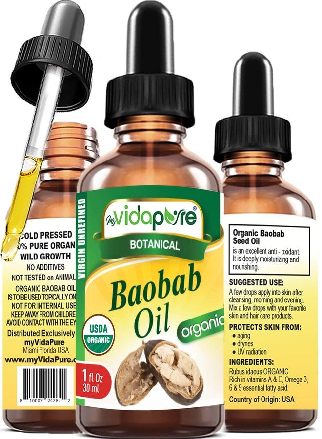 myVidaPure زيت باوباب العضوي MYVIDAPURE معتمد عضوي 100% طبيعي نقي بكر غير مكرر. 1 أونصة سائلة - 30 مل. للعناية بالبشرة، الوجه، الشعر، الشفاه والأظافر - Image 1