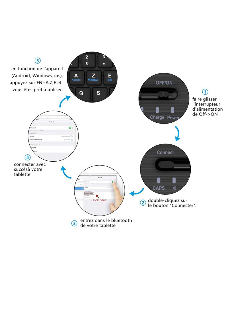 Bluetooth Keyboard without FI (Azerty) Lightweight Slim for iOS iPad, iPad Pro, iPad Air, Mac, Android Tablet Samsung Galaxy, Xiaomi Pad 5, Huawei, Lenovo, Black - Image 2