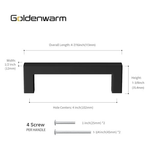 goldenwarm 2 Pack 4 Inch Matte Black Cabinet Handles Kitchen Furniture Hardware Square Stainless Steel Hardware Bathroom Cabinet Door Pulls - Image 3