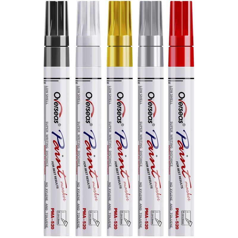 Overseas Paint Marker Pens - 5 Pack Permanent Oil Based Paint Markers, Metallic, Medium Tip, Quick Drying, Waterproof, Assorted Colors Marker for Metal, Rock, Wood, Plastic, Canvas, Glass, Rubber - Image 1