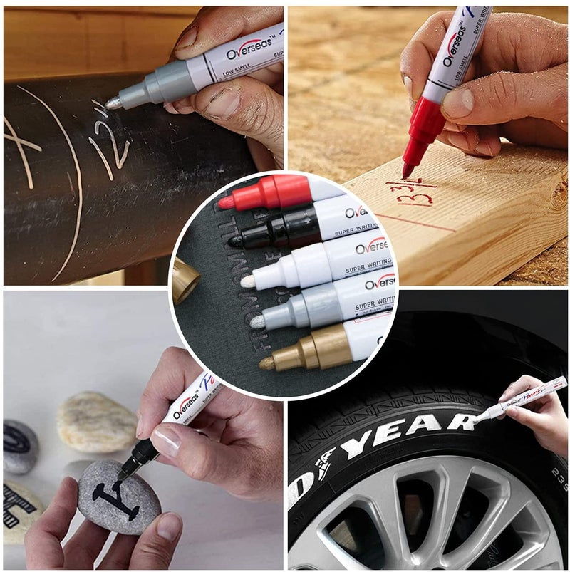 Overseas Paint Marker Pens - 5 Pack Permanent Oil Based Paint Markers, Metallic, Medium Tip, Quick Drying, Waterproof, Assorted Colors Marker for Metal, Rock, Wood, Plastic, Canvas, Glass, Rubber - Image 3