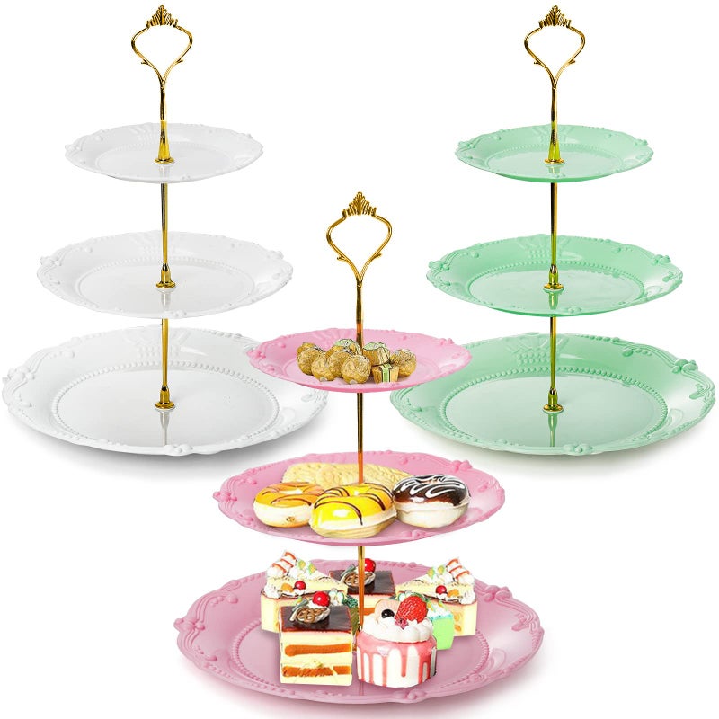 Fasmov 3 Pack 3 Tier Plastic Cupcake Stand Dessert Plates Cake Fruit Candy Display Tower Reusable Pastry Platter for Wedding Birthday Baby Shower Tea Party Decorations  White Pink Green