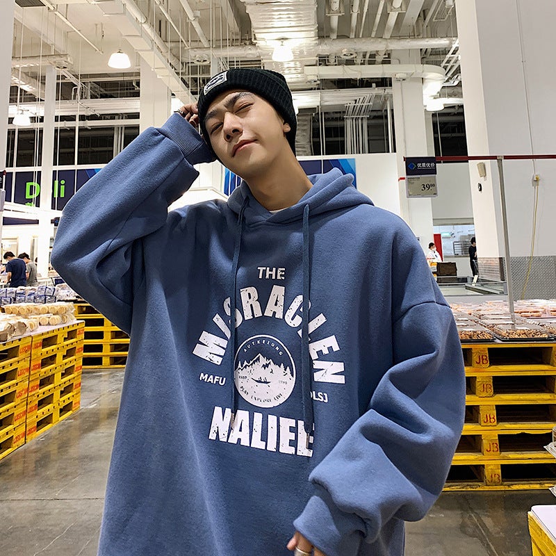 Hooded Sweatshirt Boys Autumn Casual Coat Lazy Short-sleeved Loose All-match Top Trendy fleece-lined Inscec Blue  - Image 1