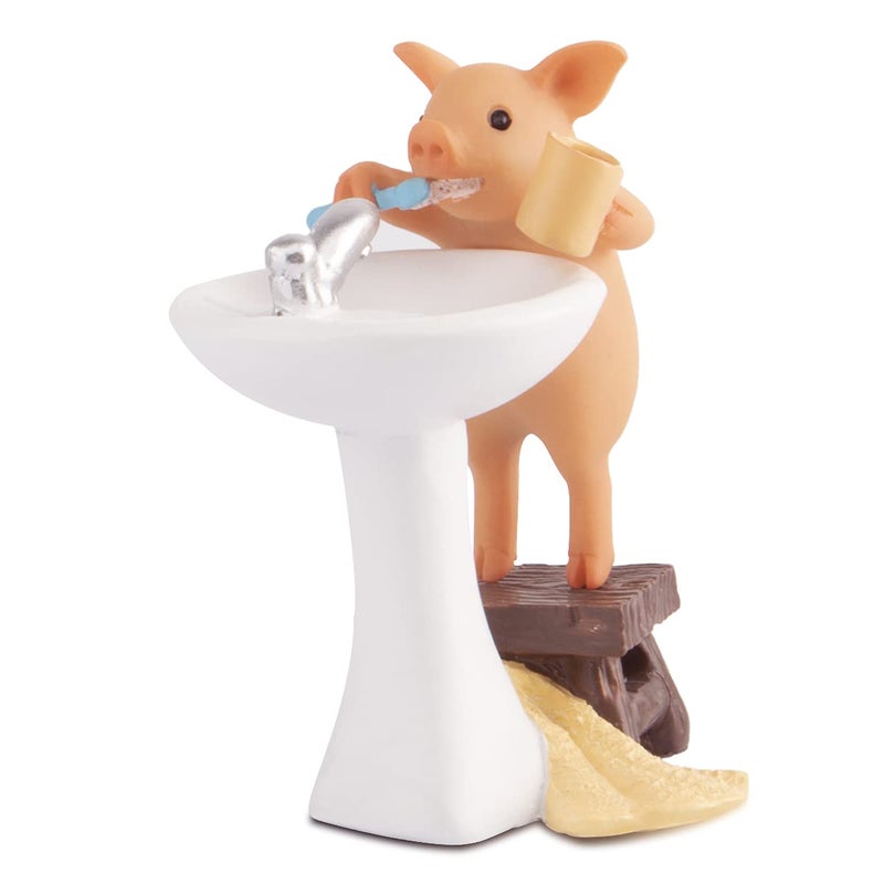 KEEPKAP Mini Pig Figurine Resin Home Decor Lucky Animal Garden Statue for Micro Landscape Pig Brushing Teeth