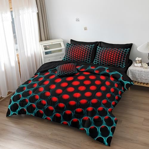 Bedbay Stereoscopic Bedding Set Red Green Honeycomb King Comforter Set 8 Pcs Geometric Bed Set with Sheets Colorful Neon Grid Bedding Quilt Set Soft Lightweight King Bed in a Bag for All Seasons - Image 2